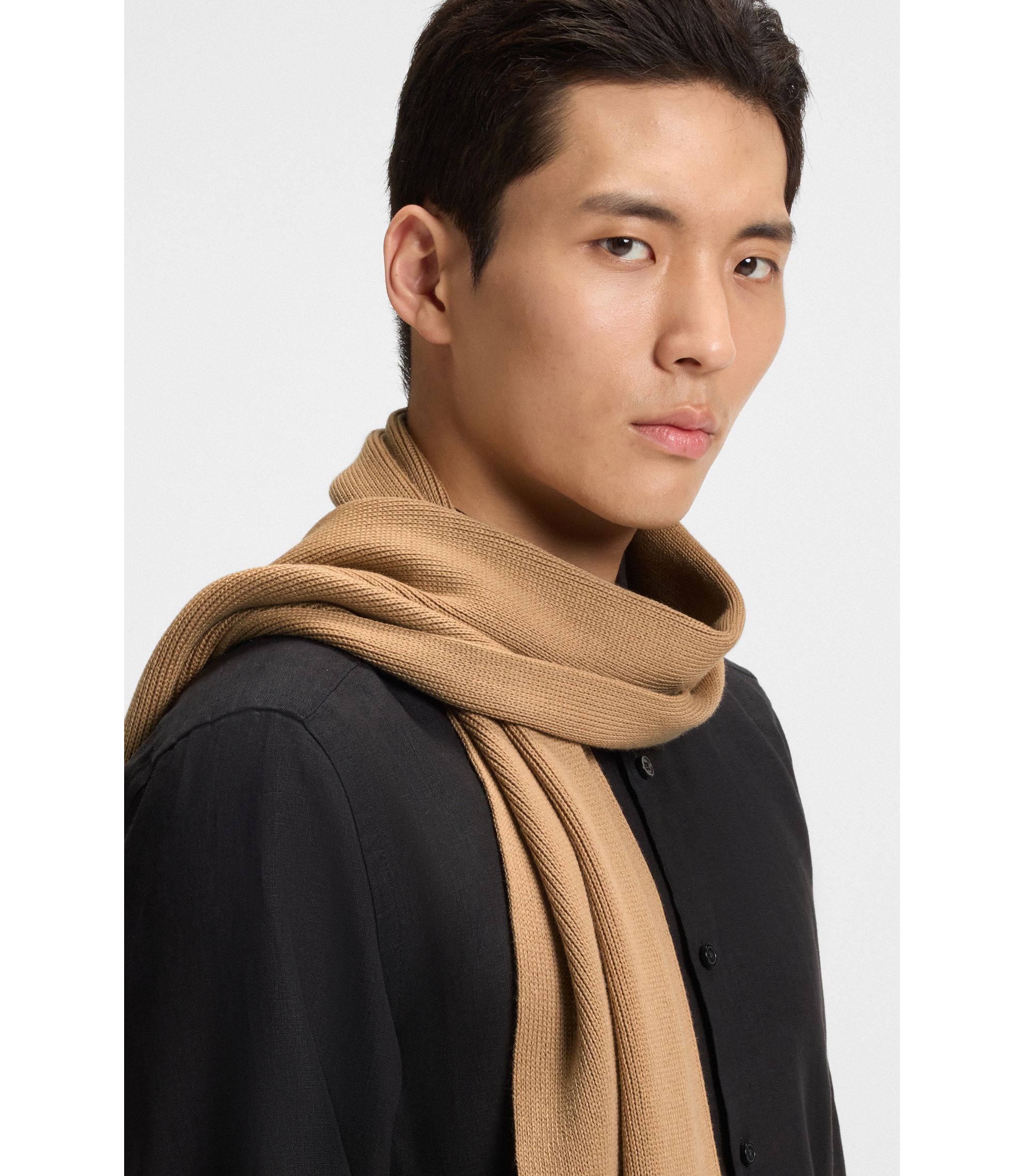 BOSS Raschel-knit scarf in virgin wool Beige