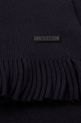 Knitted scarf in virgin wool with logo detail, Dark Blue