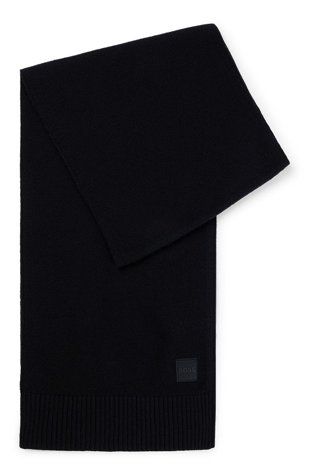 Ribbed-trim scarf with logo badge, Black
