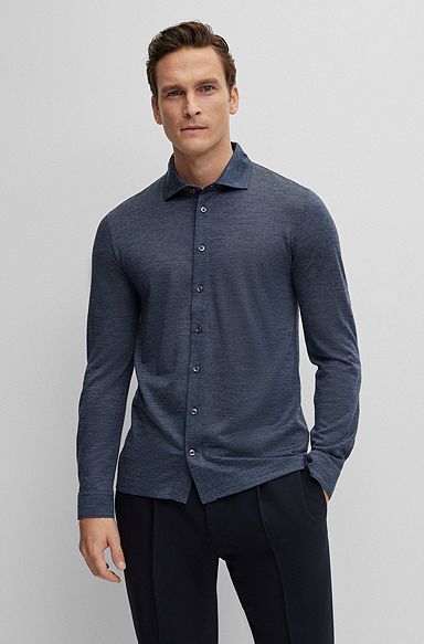Camicia regular fit in jersey di seta e lana, Blu scuro