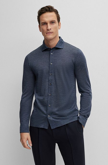 Camicia regular fit in jersey di seta e lana, Blu scuro