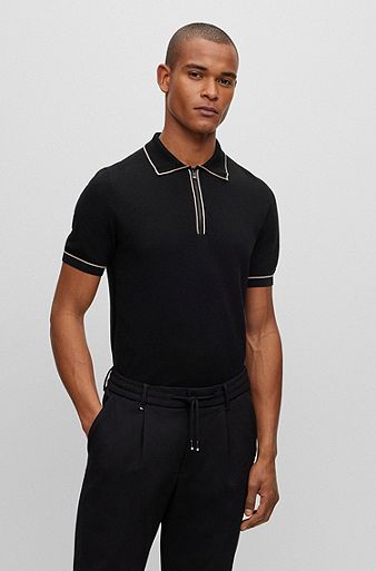 Regular-fit polo sweater with zip placket, Black