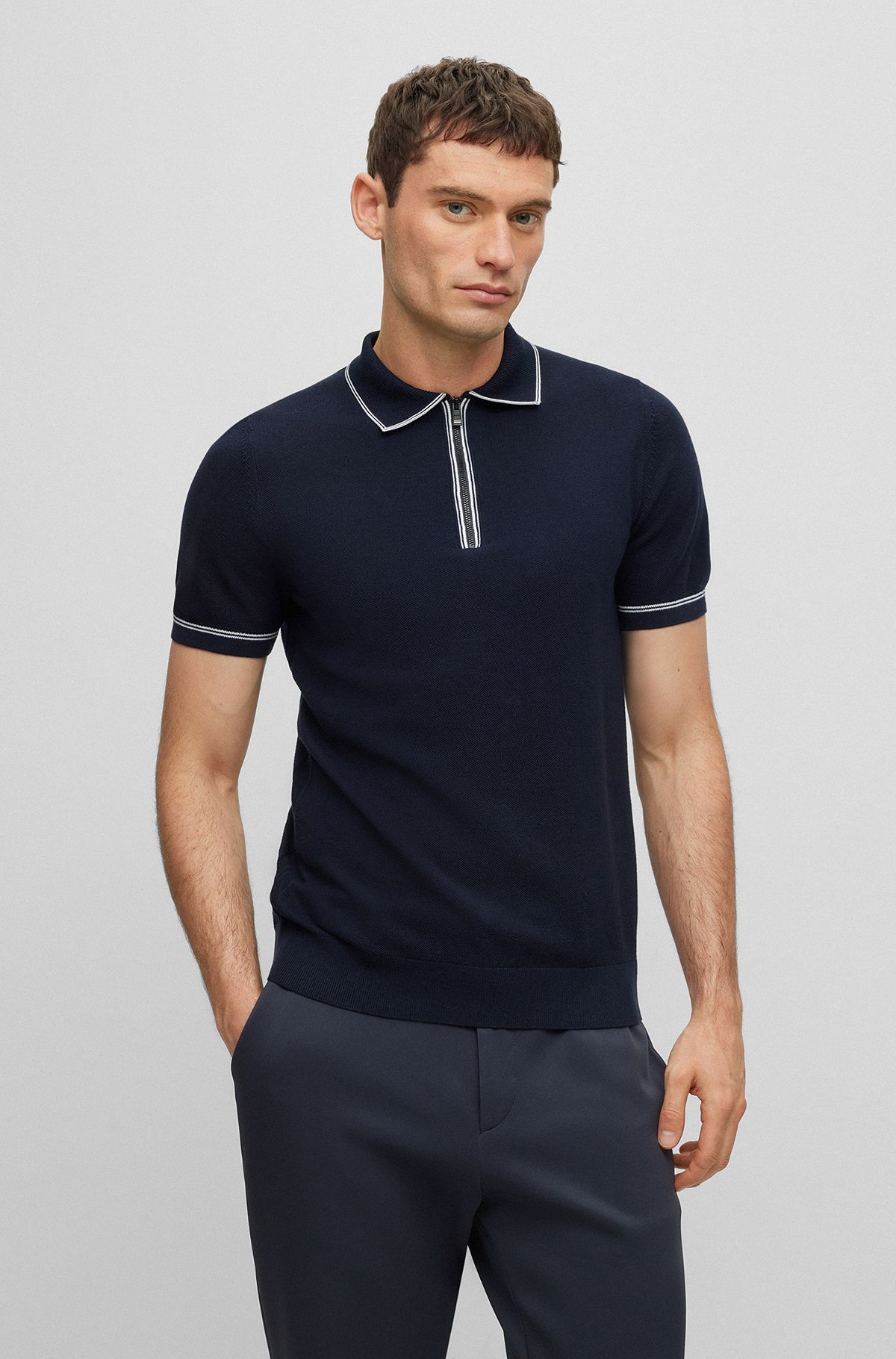 Regular-fit polo sweater with zip placket, Dark Blue