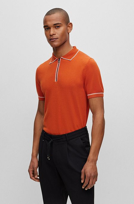 Regular-fit polo sweater with zip placket, Dark Orange