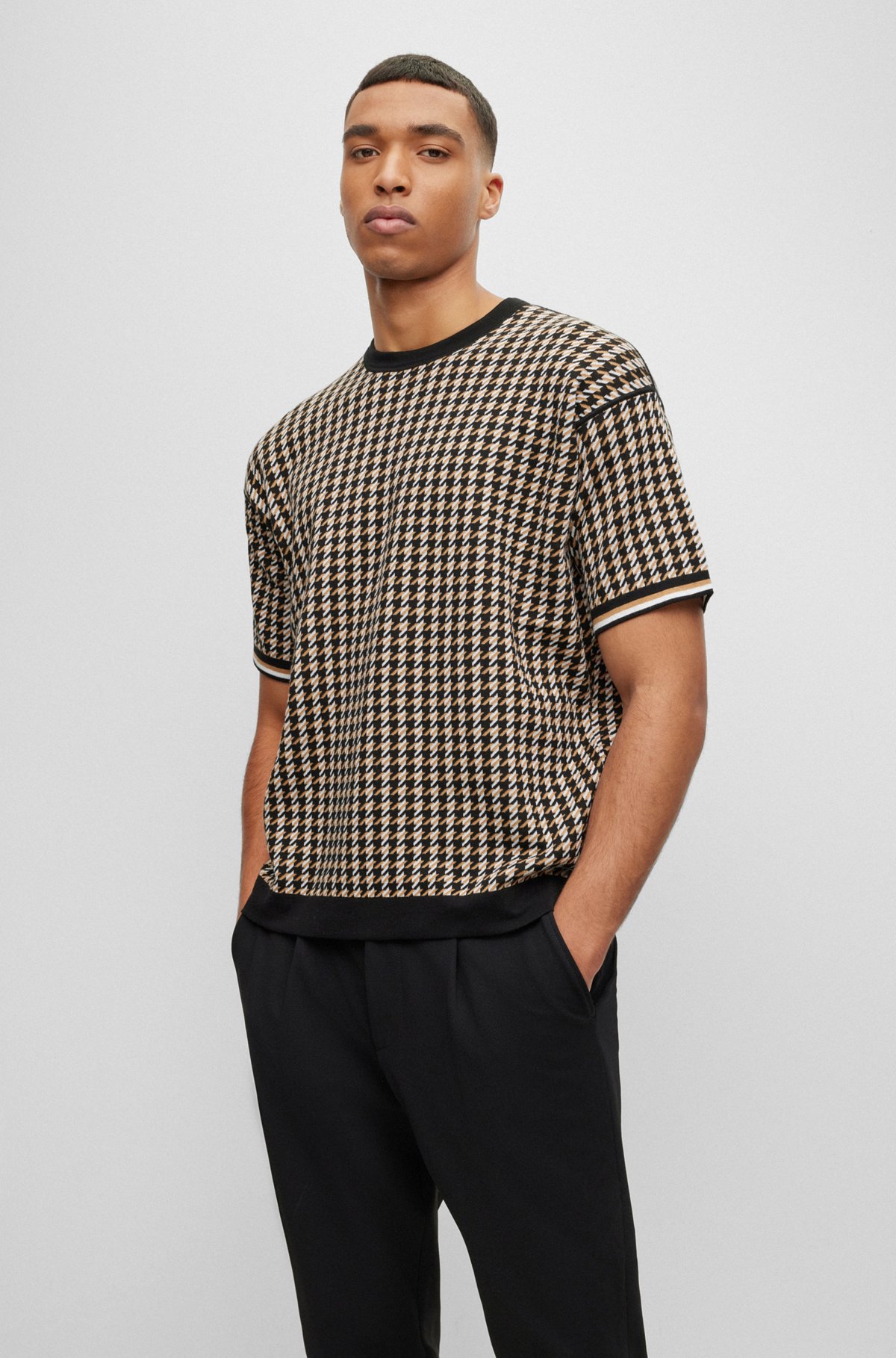 BOSS - Organic-cotton relaxed-fit sweater with houndstooth jacquard