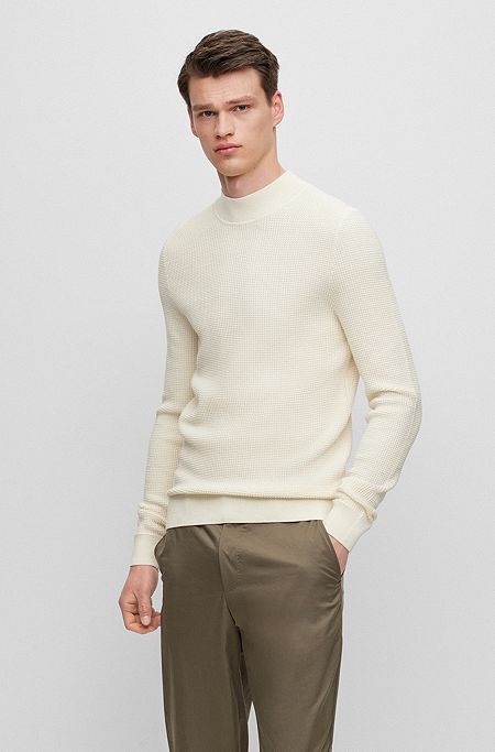 Pullover aus Schurwolle und Baumwolle mit Stehkragen, Weiß