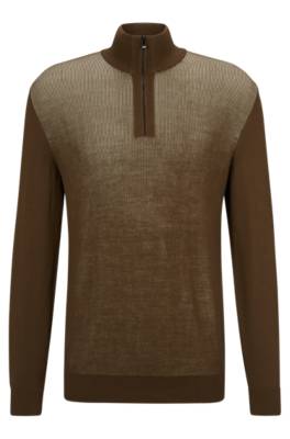 Hugo Boss Mixed-material Zip-neck Sweater In Wool-cotton Blends In Brown