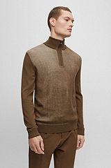 Mixed-material zip-neck sweater in wool-cotton blends, Khaki