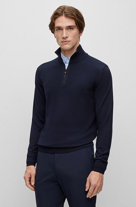 Mixed-material zip-neck sweater in wool-cotton blends, Dark Blue