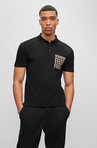 Organic-cotton polo shirt with houndstooth pocket, Black