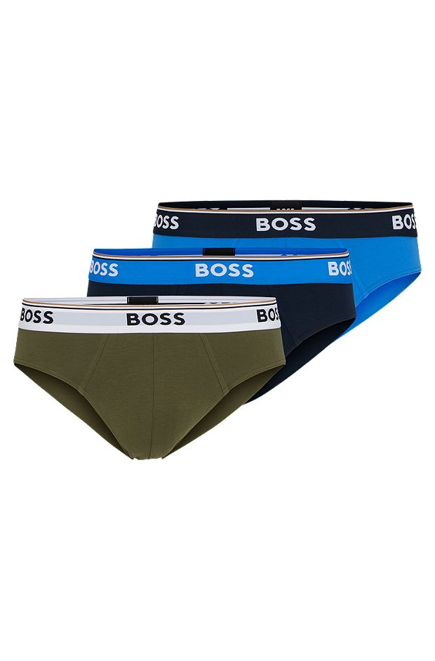 Three-pack of logo-waistband briefs in stretch cotton, Dark Green / Blue