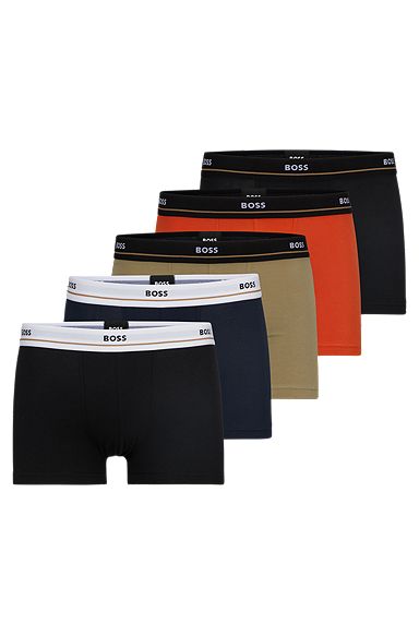 Five-pack of stretch-cotton trunks with logo waistbands, Black / Blue / Beige / Red