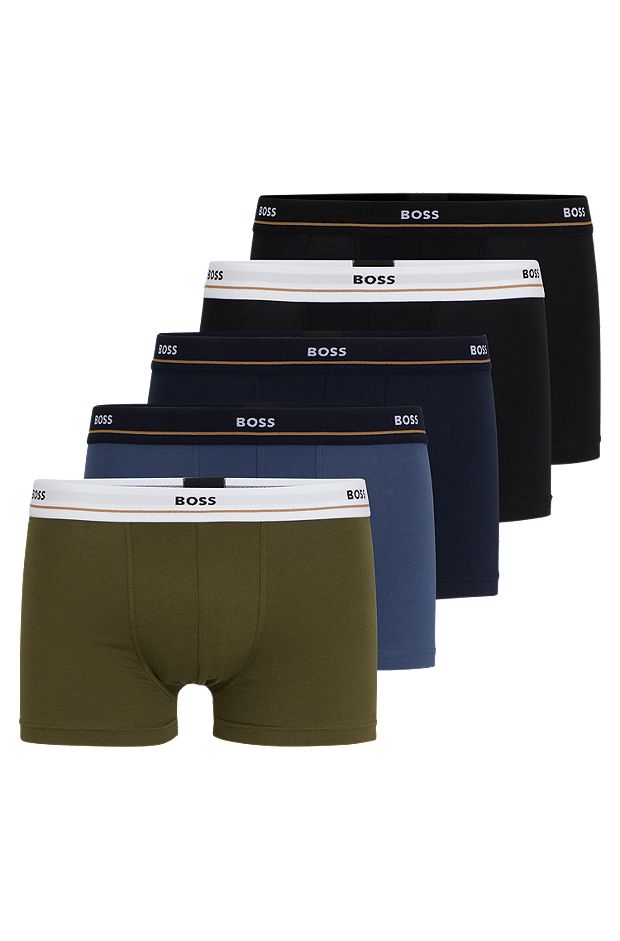 Five-pack of stretch-cotton trunks with logo waistbands, Black / Green / Blue