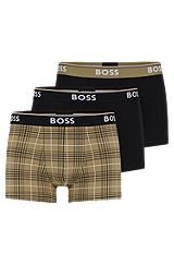 Three-pack of logo-waistband trunks in stretch cotton, Black  /  White  /  Beige