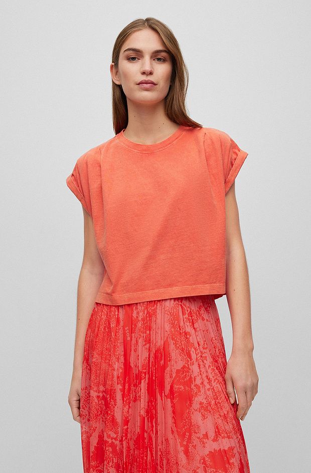 Organic-cotton T-shirt with gathered shoulders, Orange