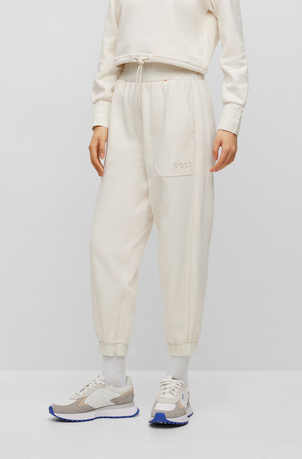 Cuffed tracksuit bottoms with ruched waistband, White