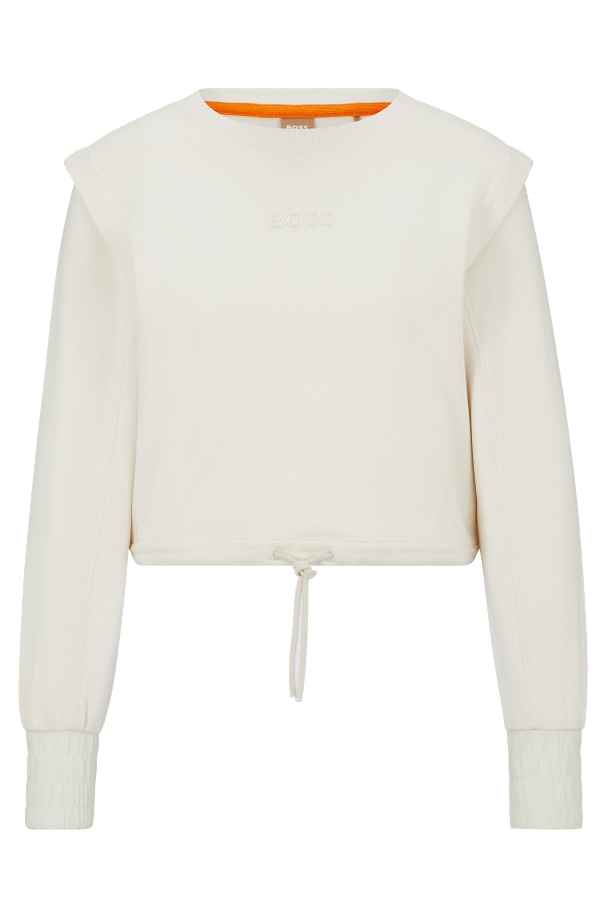 Cropped sweatshirt in cotton with drawstring and embroidered logo, White