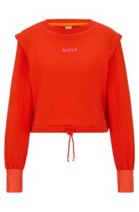 Cropped sweatshirt in cotton with drawstring and embroidered logo, Orange