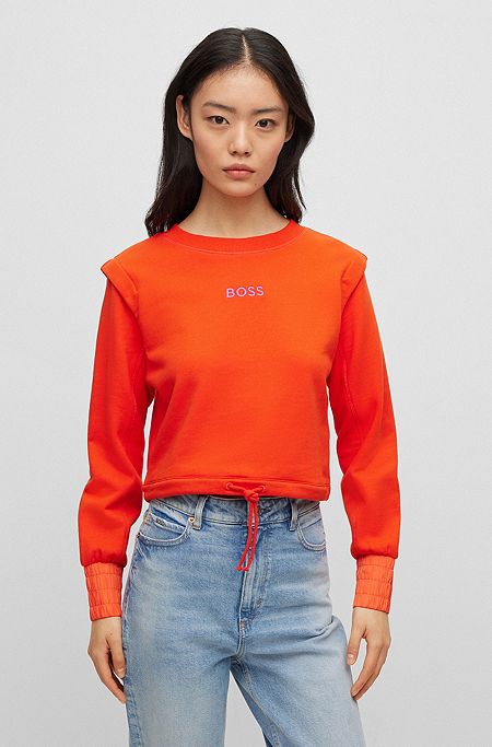 Cropped sweatshirt in cotton with drawstring and embroidered logo, Orange
