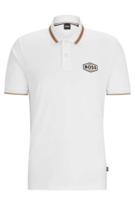 Hugo Boss Mercerised-cotton Polo Shirt With Logo Badge In White