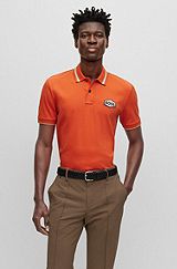 Mercerised-cotton polo shirt with logo badge, Orange