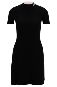 Short-sleeved knitted dress with logo collar, Black