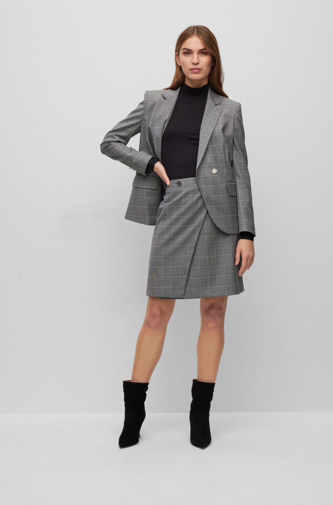 BOSS - Slim-fit A-line skirt in checked virgin wool