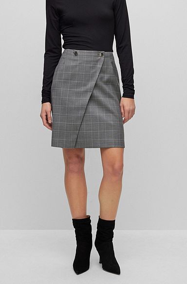 Slim-fit A-line skirt in checked virgin wool, Patterned