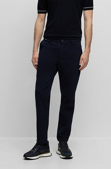 Pantalones regular fit en sarga de algodón elástico a dos tonos, Azul oscuro