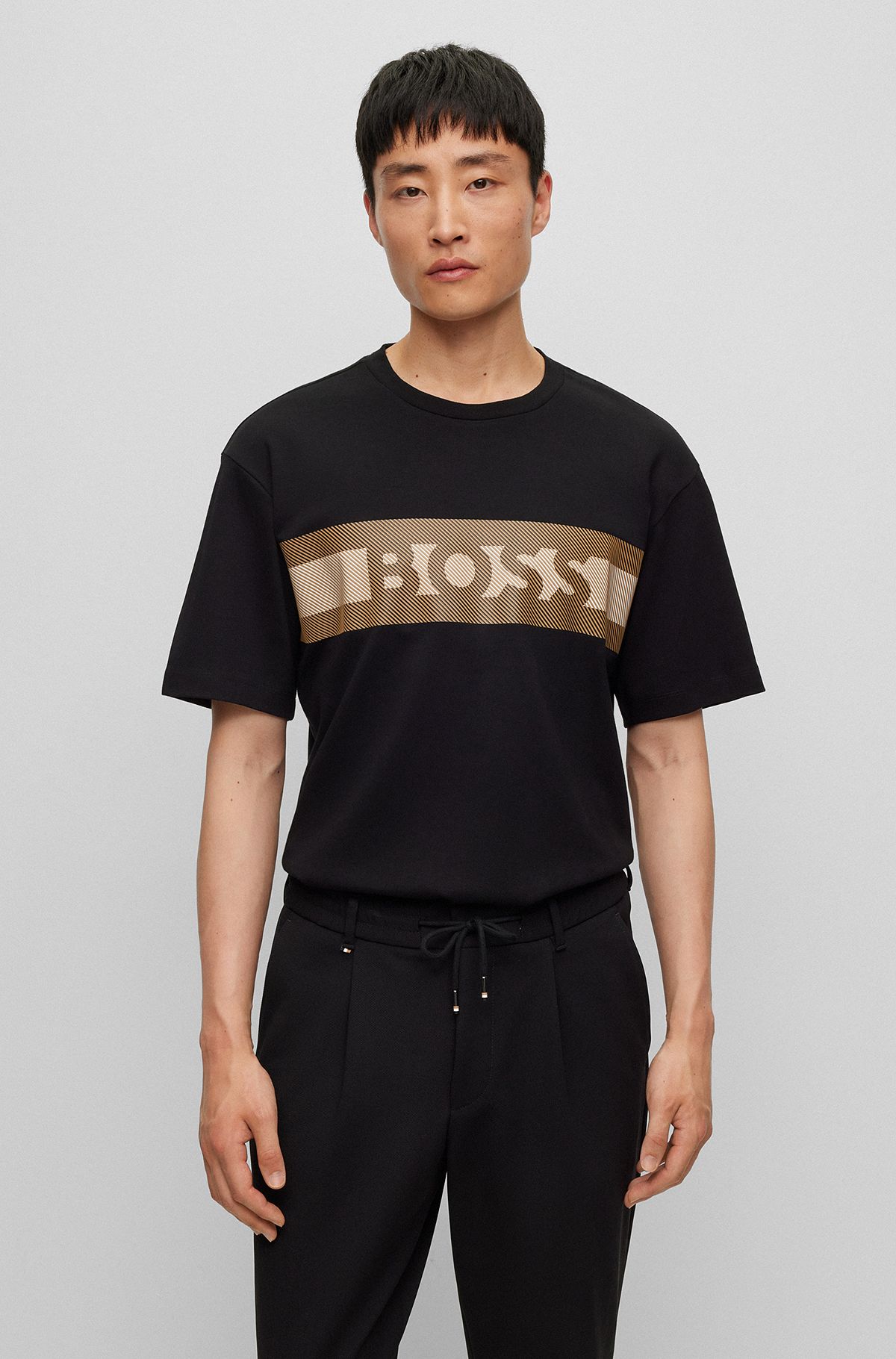 Interlock-cotton T-shirt with puff-print stripes and logo, Black