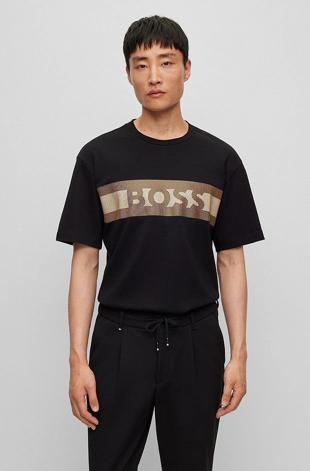 Interlock-cotton T-shirt with puff-print stripes and logo, Black