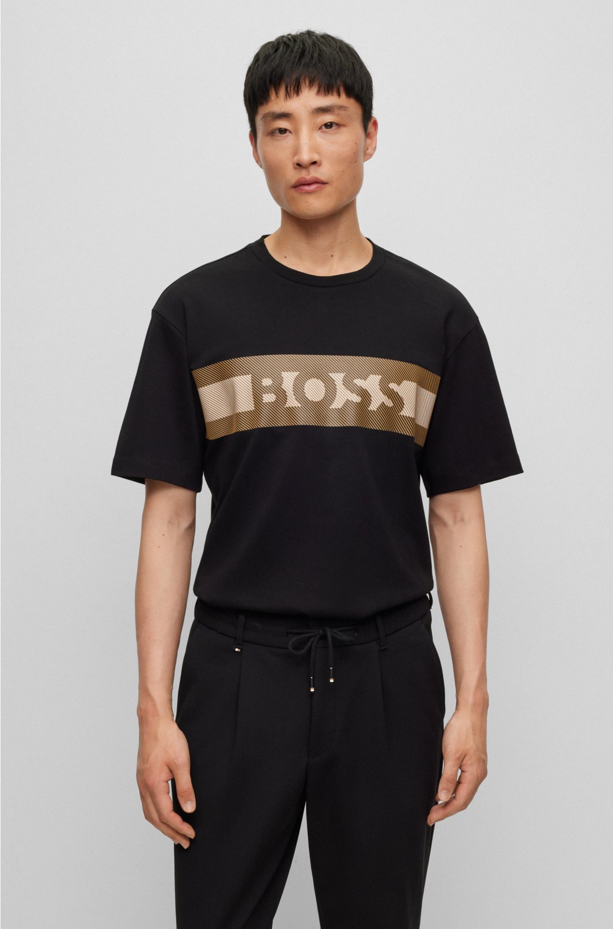 BOSS - コットンインターロック Tシャツ パフプリント ストライプ＆ロゴ