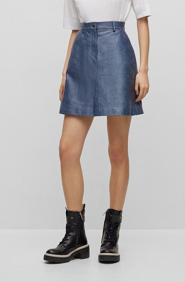 Leather mini skirt with denim print, Blue