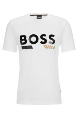 Hugo Boss Mercerised-cotton T-shirt With High-shine Artwork In White