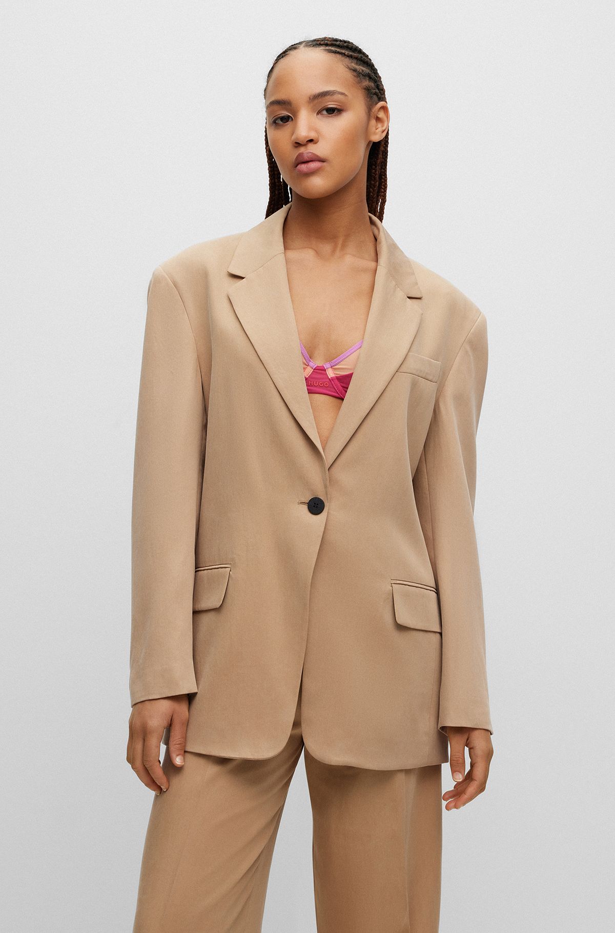 Relaxed-fit jacket with single-button closure, Beige