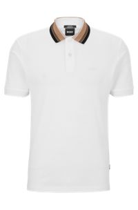 Cotton-piqué slim-fit polo shirt with striped collar, White