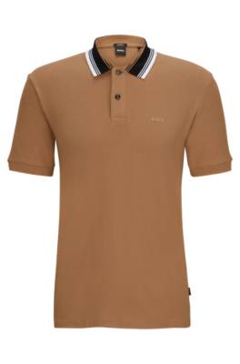 Hugo Boss Cotton-piqué Slim-fit Polo Shirt With Striped Collar In Brown