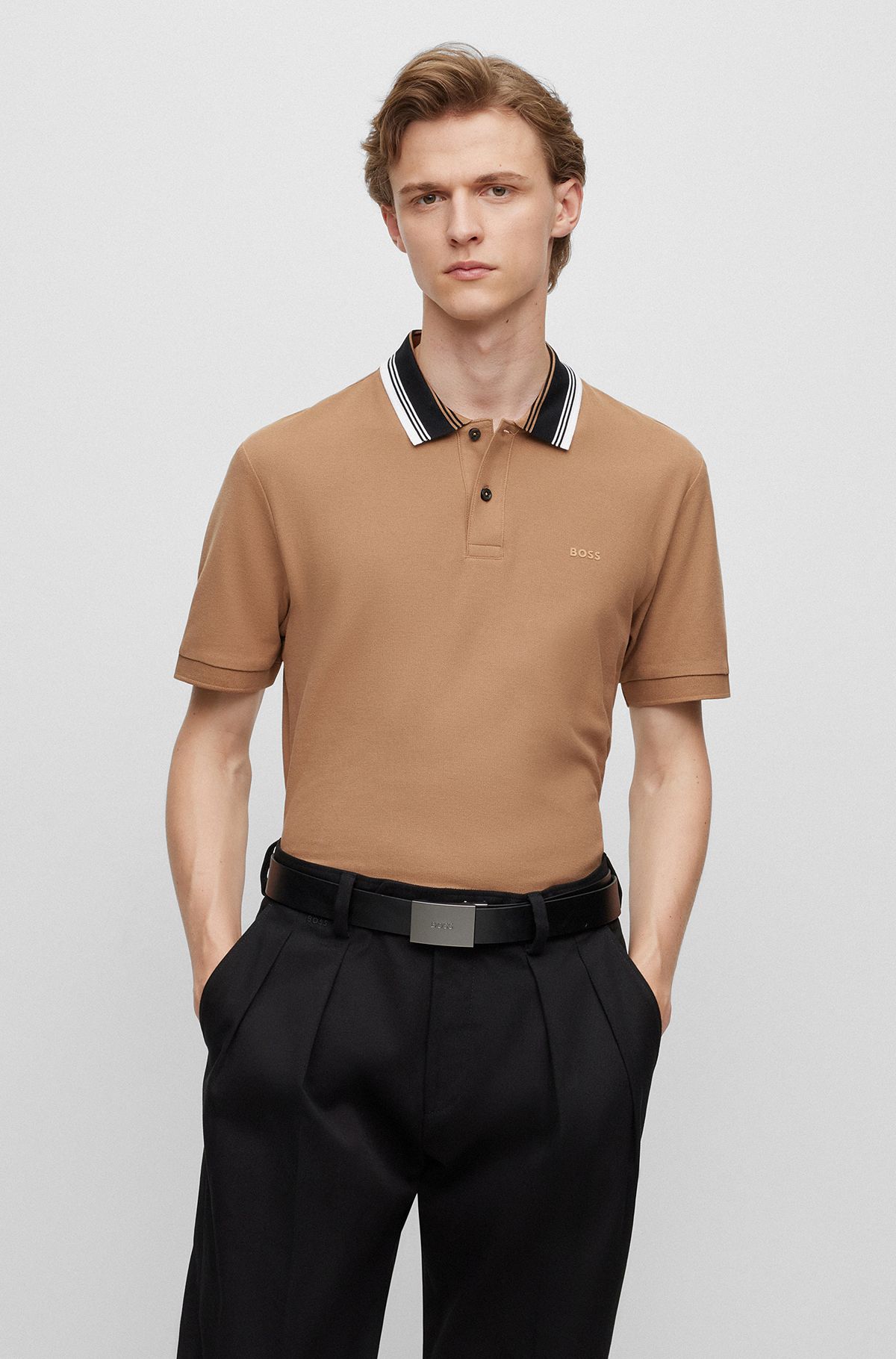 Cotton-piqué slim-fit polo shirt with striped collar, Beige