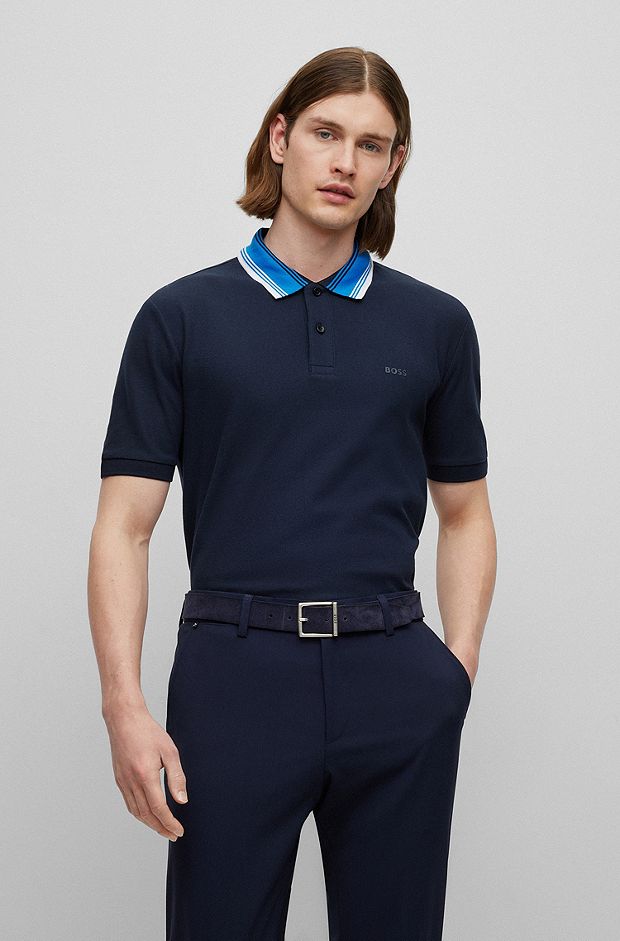 Cotton-piqué slim-fit polo shirt with striped collar, Dark Blue