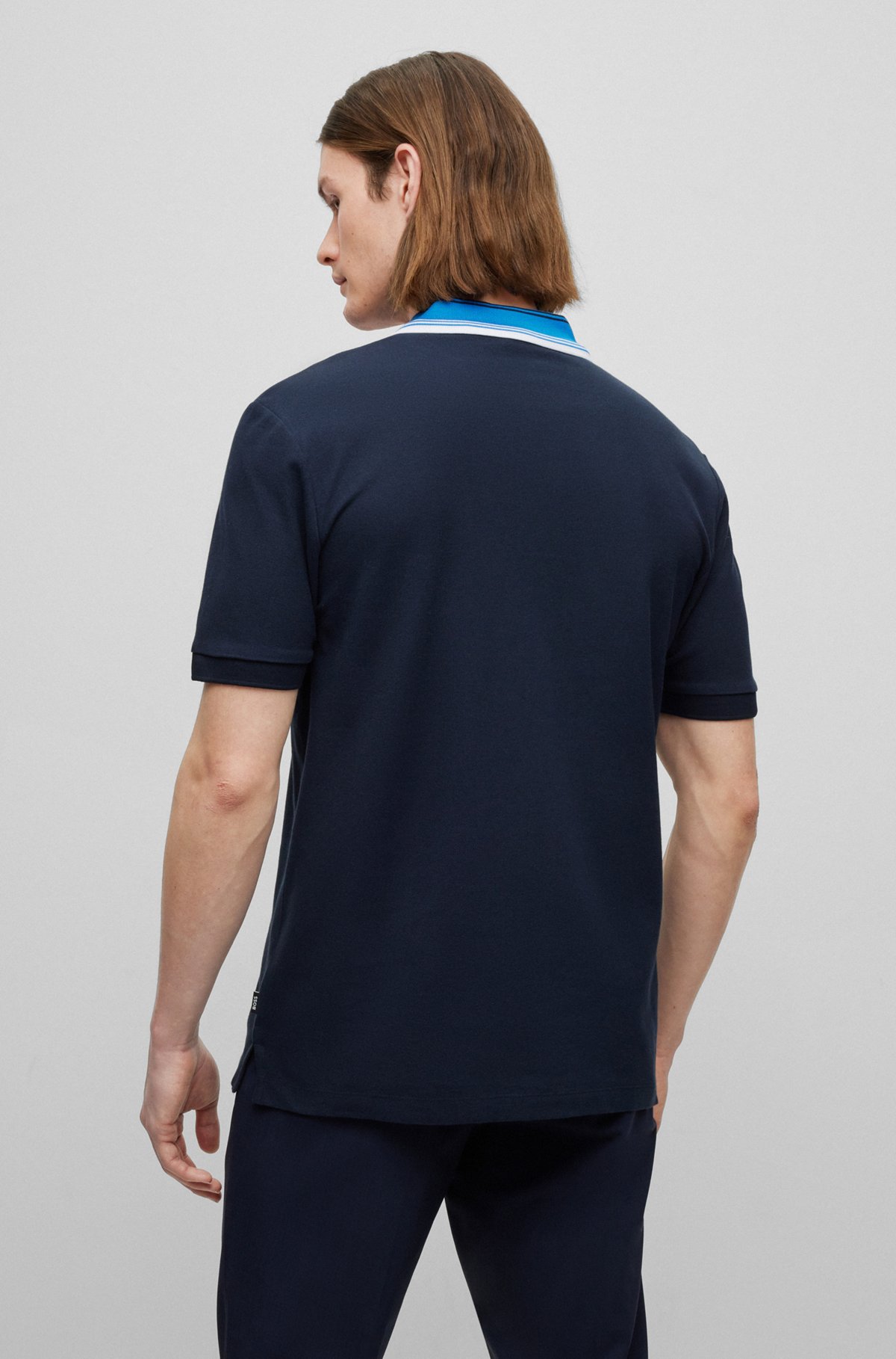 Cotton-piqué slim-fit polo shirt with striped collar, Dark Blue