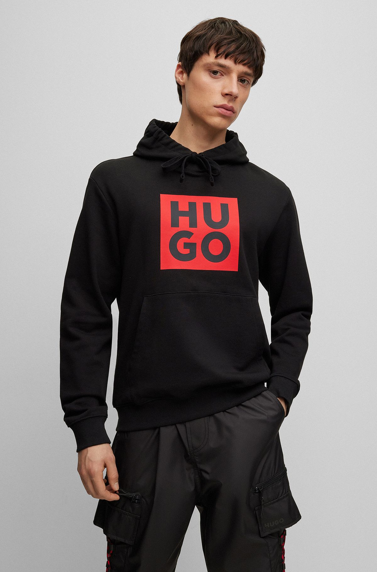 Cotton-terry hoodie with stacked logo print, Black