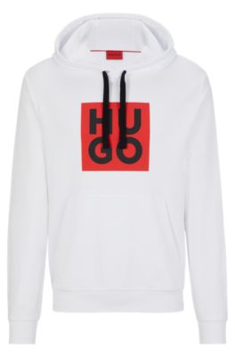 HUGO - Cotton-terry hoodie with stacked logo print