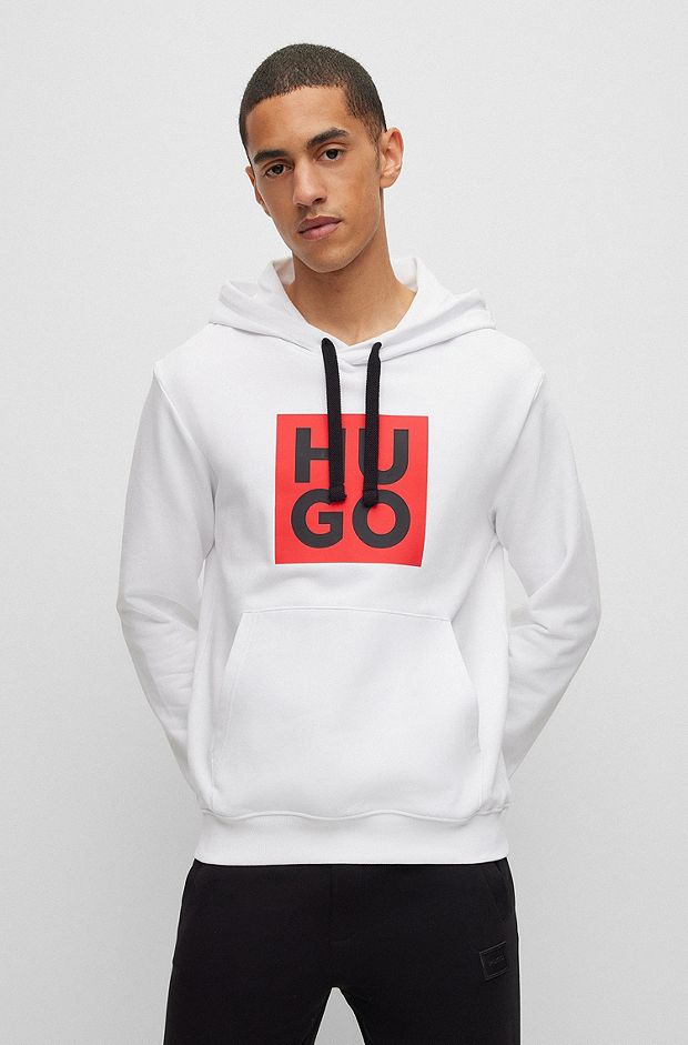 Cotton-terry hoodie with stacked logo print, White