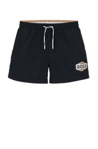Bañador tipo shorts en tejido de secado rápido con detalles de logo, Negro