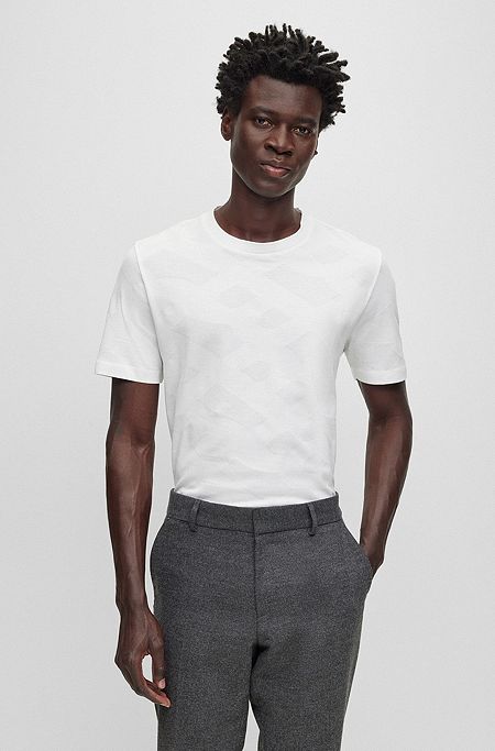 T-shirt en coton mercerisé à grands monogrammes en jacquard tissé, Blanc
