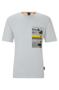 T-shirt relaxed fit in cotone con stampa con moto da corsa, Grigio chiaro