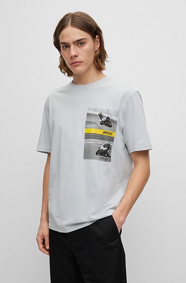 Relaxed-fit cotton T-shirt with motorbike-racing print, Light Grey