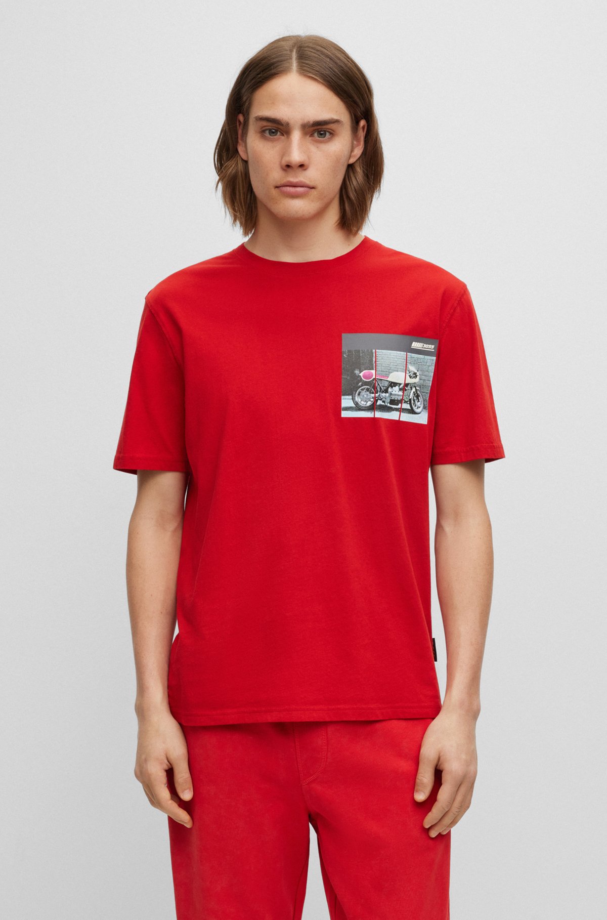 T-shirt relaxed fit in cotone con stampa con moto da corsa, Rosso
