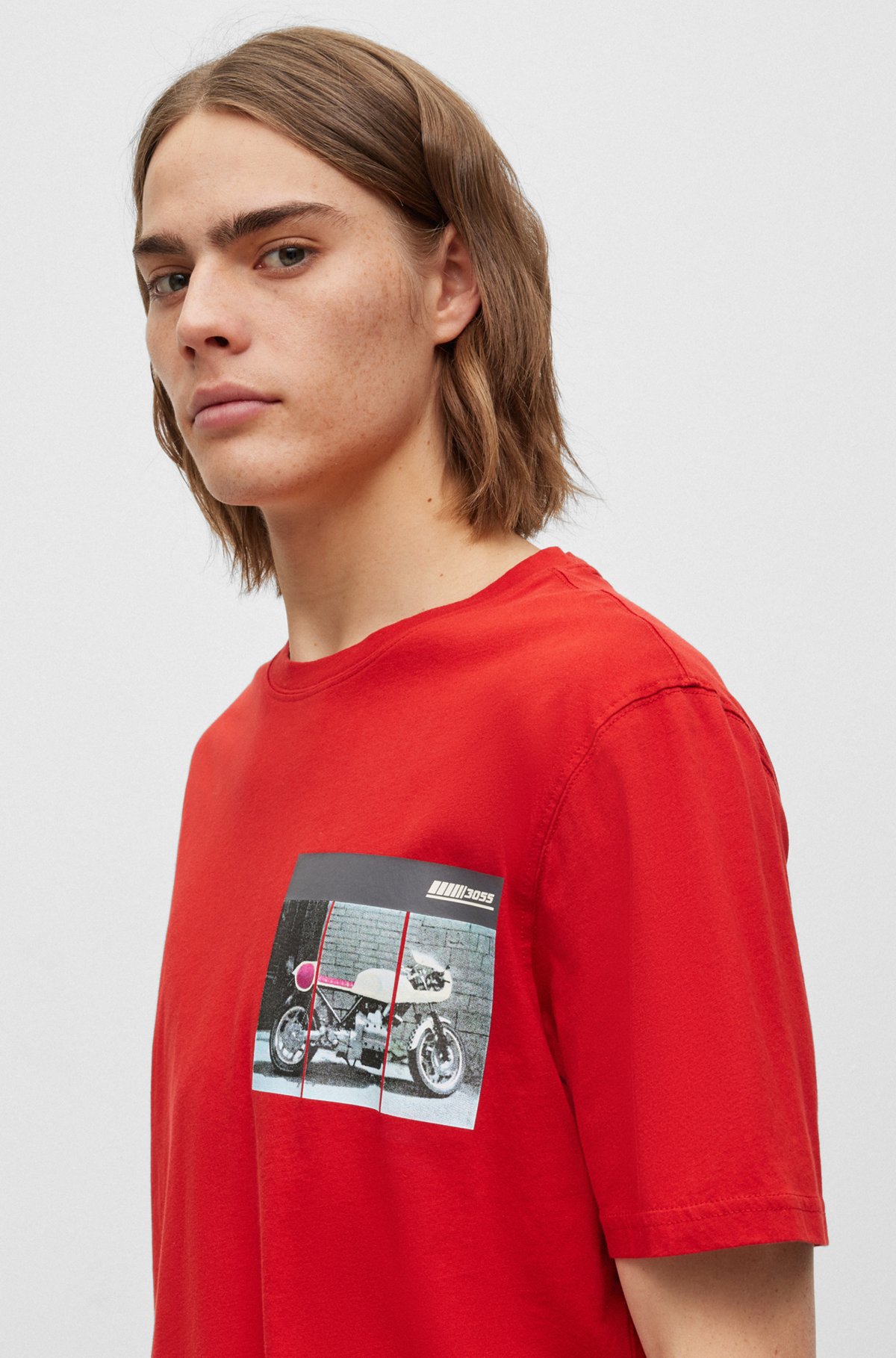 T-shirt relaxed fit in cotone con stampa con moto da corsa, Rosso
