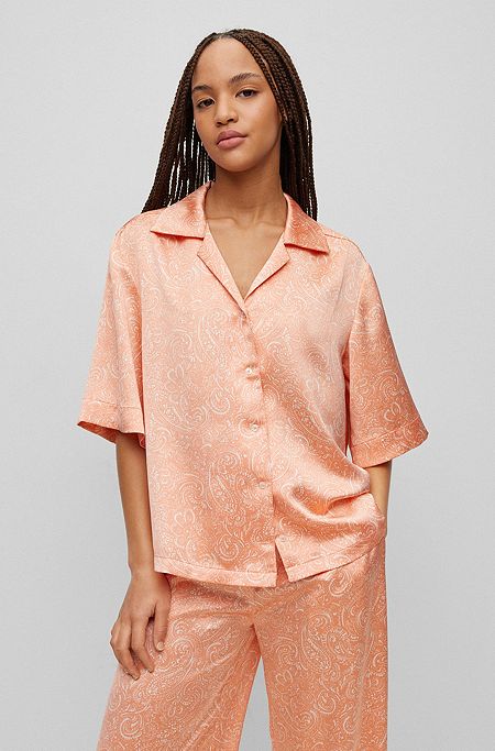 Relaxed-fit short-sleeved blouse in paisley-print satin, Patterned